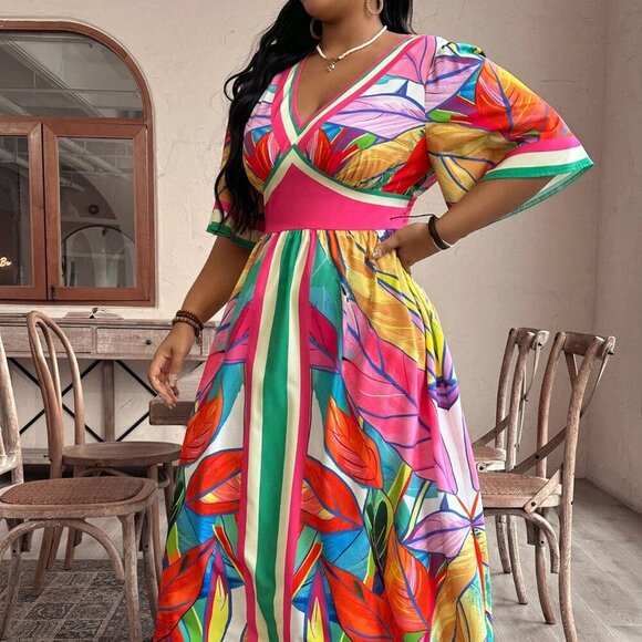 Multicolor Boho Women's Plus Size Vacation Casual Plant Printed High-Waist Long - Picture 4 of 6